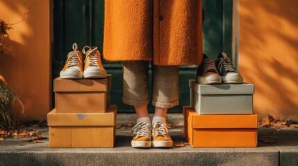 woman standing among stacks of shoeboxes
