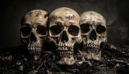 Close-up shot of three human skulls, centered in a dark, textured environment; decaying debris suggests mortality