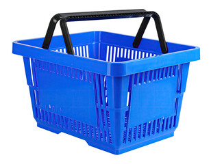 A vibrant blue, rectangular shopping basket with a black handle