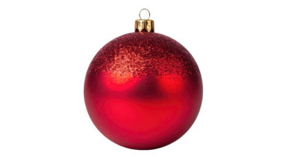 Shiny red holiday ornament, glittered top, metallic cap, isolated on black background