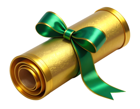 Golden Diploma Scroll with Elegant Green Ribbon Bow - Prestige, Achievement & Success Concept