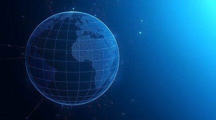 Naklejka premium Digital holographic globe with glowing network connections representing global technology, communication, data exchange, and futuristic connectivity, symbolizing innovation, worldwide connection, and 
