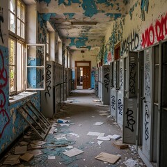 Decaying School Hallway - A Haunting Glimpse into Abandonment and Neglect.