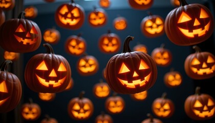 Fototapeta premium The backdrop of carved pumpkins floating in mid-air, with strange lights shining through their eyes, creates an eerie and mysterious Halloween atmosphere.