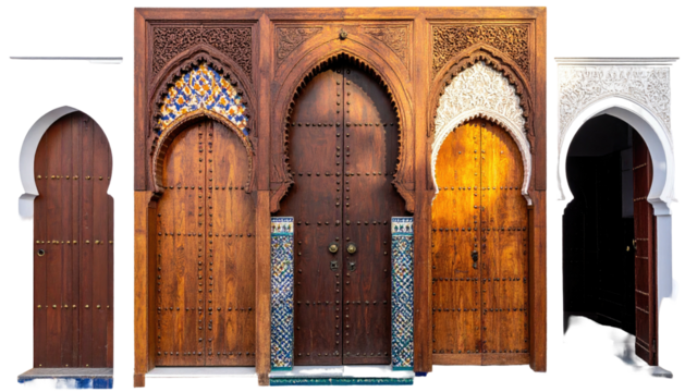 Wooden doors with elaborate archways, ornate carvings, and mosaic details
