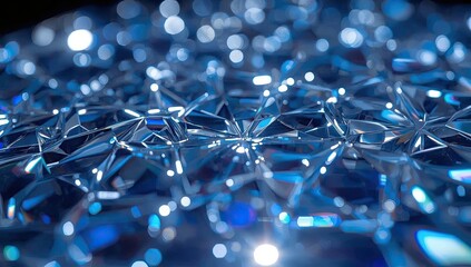 Sparkling crystal surfaces with a mesmerizing display of light refraction, featuring a deep blue and cool-toned aesthetic.