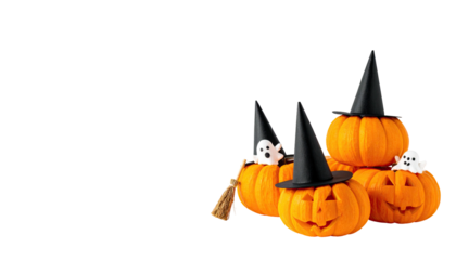 Carved pumpkins with hats and small ghosts on black. Festive for October holiday