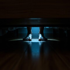 Bare feet emerge from under the bed in a scary dark room, illuminated by an eerie blue glow, evoking a spooky nightmare or Halloween fear.