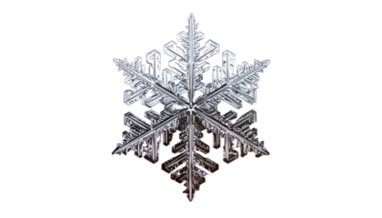 Intricate six-sided ice crystal, perfectly symmetrical, against a black background