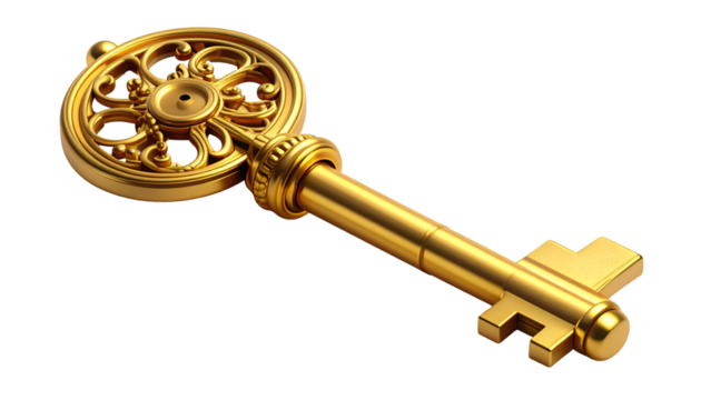 Luxurious Golden Key Isolated on Black - Symbol of Opportunity, Success, Access, and Solutions. Elegant Antique Gold Object, Concept of Unlocking Potential
