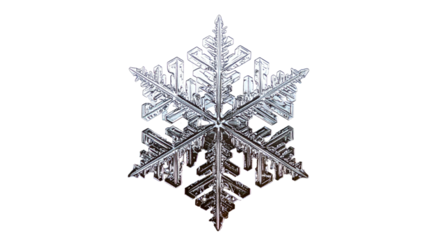 Intricate six-sided ice crystal, perfectly symmetrical, against a black background