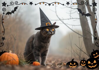 Mysterious black cat wearing a witch hat in a foggy forest