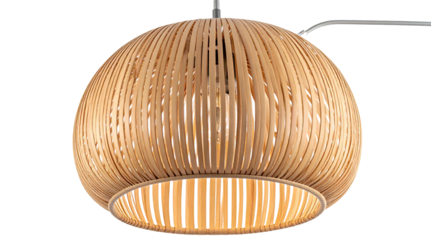 Close-up of spherical wood-slatted light fixture, casting warm light downward