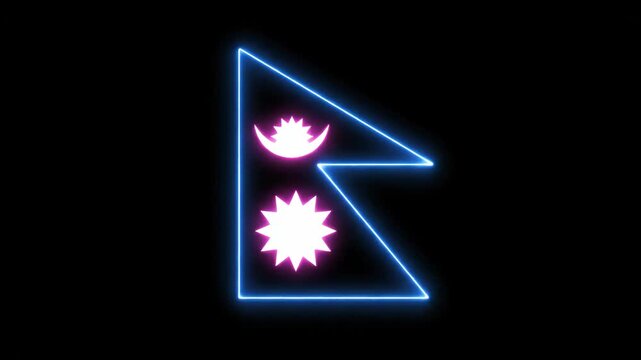 Neon Nepal Flag on Black Background - A glowing neon outline of the Nepalese flag against a black background.