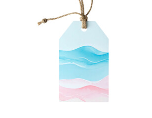 A gift tag with painted water-themed design, suspended by twine on a black background