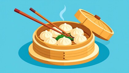 An illustration shows steamed dumplings in bamboo steamer with chopsticks