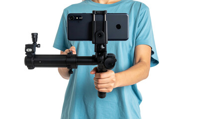 Person holding a mobile device with a gimbal, against a black background