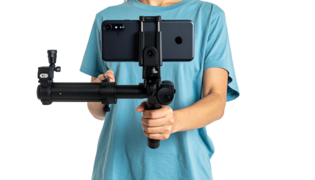 Person holding a mobile device with a gimbal, against a black background