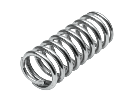 A highly detailed, metallic coil spring sits against a black background