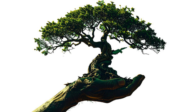 Bonsai Tree Held in Hand Against White Background.