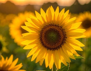 Obraz premium Close-up of a radiant sunflower in a field, bathed in warm sunlight. Golden petals and central details are in focus