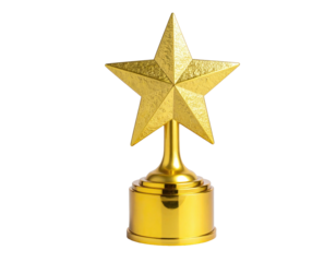 A gold star trophy with a five-pointed star on a pedestal, isolated on black