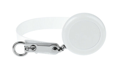 White circular tracker with a strap, carabiner, and attached silver fastener