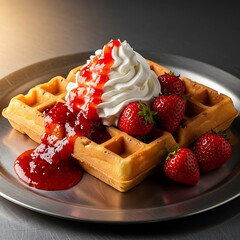 Delicious Waffle Delight - Topped with Strawberries, Cream, and Strawberry Sauce.
