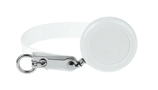 White circular tracker with a strap, carabiner, and attached silver fastener