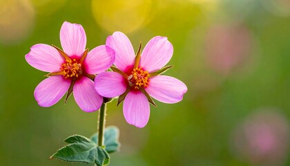 Two vibrant pink flowers with yellow centers are beautifully captured against a soft, blurred green and gold bokeh background, creating a dreamy and artistic feel
