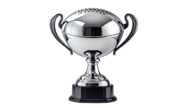 Shiny, silver trophy with handles, sitting on a black, octagonal base, isolated