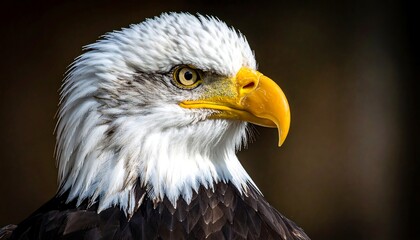 Obraz premium Close-up portrait of a majestic bird with a white head, yellow beak, and intense gaze, detailed feathers. Dark, blurred background