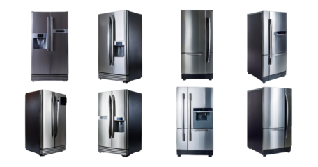 Realistic Display of Modern Refrigerators in Various Designs and Colors, isolated on transparent background