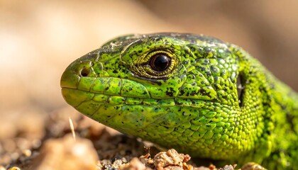 Close-up profile of a vibrant green lizard with detailed scales, focused on its eye and head, set against a blurred backdrop