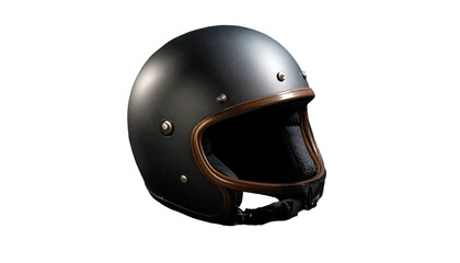 Classic Black Motorcycle Helmet with Brown Leather Trim on White Background.