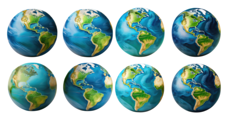 Colorful Globe Representation of Earth with Unique Artistic Styles, PNG bundle collection, Isolated on Transparent Background