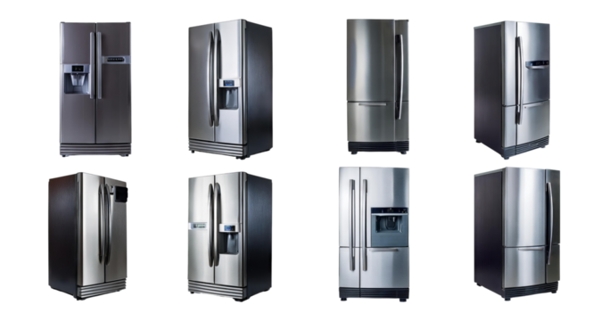 Realistic Display of Modern Refrigerators in Various Designs and Colors, isolated on transparent background - Powered by Adobe