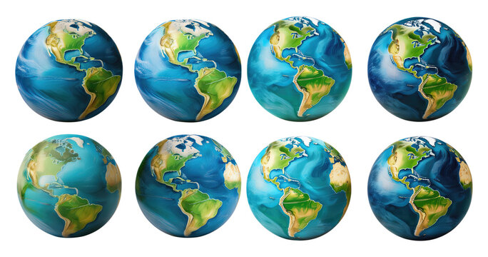 Colorful Globe Representation of Earth with Unique Artistic Styles, PNG bundle collection, Isolated on Transparent Background
