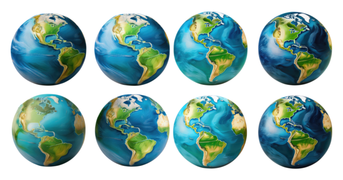 Colorful Globe Representation of Earth with Unique Artistic Styles, PNG bundle collection, Isolated on Transparent Background