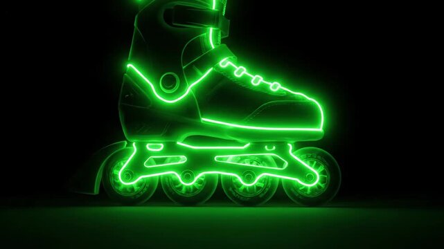 Neon Green Inline Skate on Black Background - A close-up video of an inline skate illuminated with bright neon green light against a stark black background.