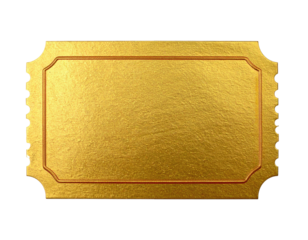 A shiny gold ticket with ornate border and perforated edges against a black background