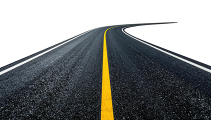 Perspective view of an asphalt road with a yellow stripe, winding through space