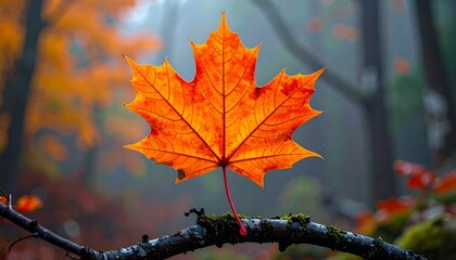 Vivid autumn leaf glows against a blurred forest backdrop, branches covered in moss, a serene, colorful nature scene