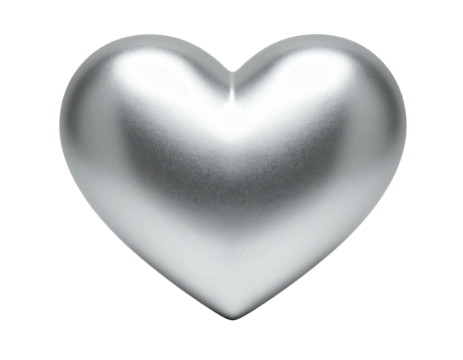 A sleek, metallic, silver heart floats against a stark black background