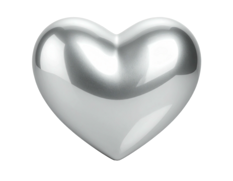 A shiny, silver heart shape with highlights and soft reflections, against black