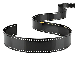 A curved ribbon of classic film strip floats against a black background