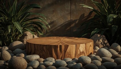 Natural wooden platform displayed amidst a bed of smooth pebbles and verdant greenery, creating a serene and balanced composition suitable for product presentation or showcasing objects.