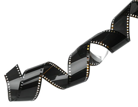 A spiraling strip of black film with light reflections against a black background - Powered by Adobe
