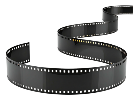 A curved ribbon of classic film strip floats against a black background - Powered by Adobe