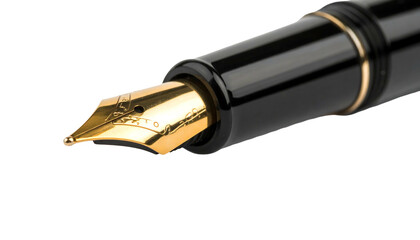 Closeup of a classic black fountain pen with a golden nib isolated on a white background.